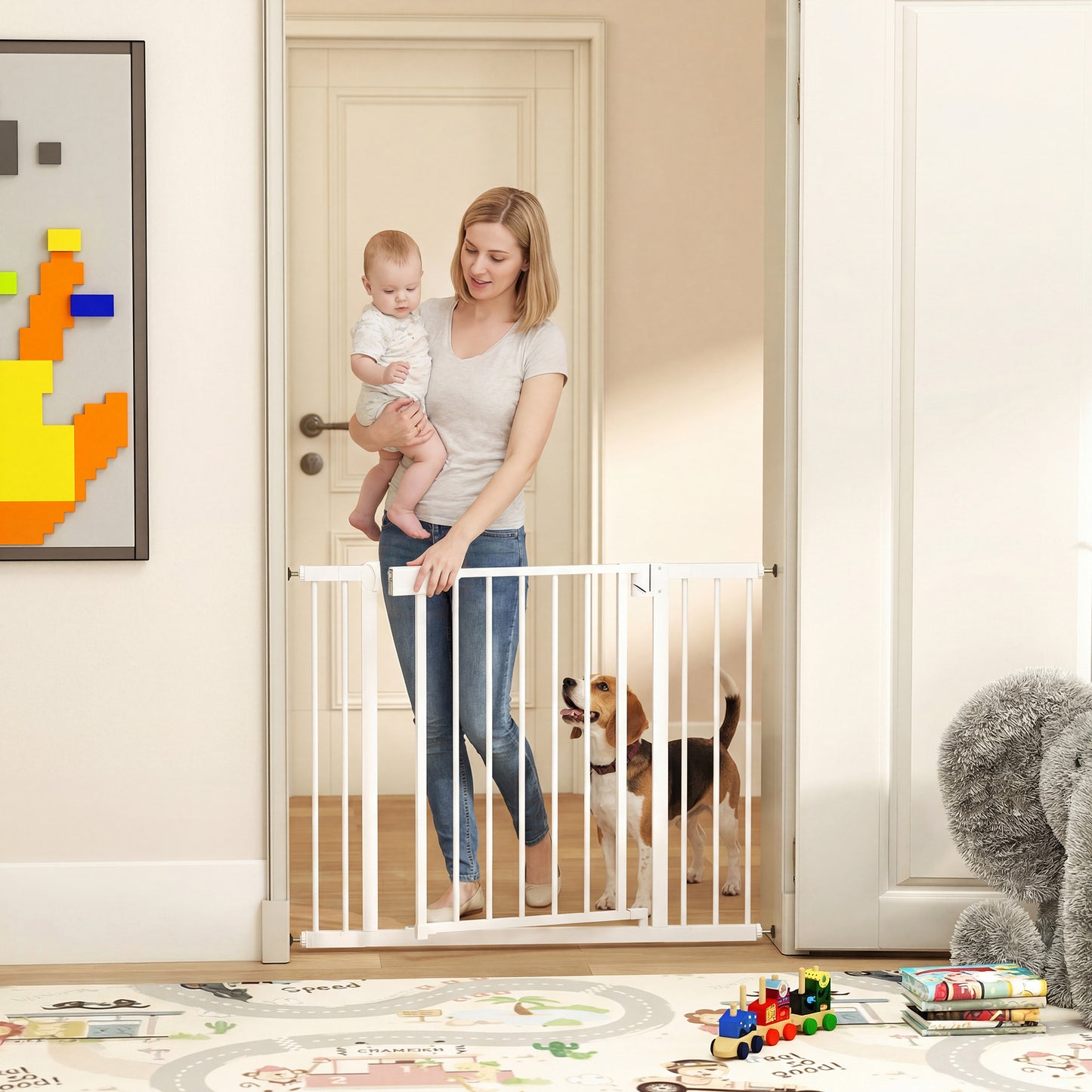 Poartă de Siguranță pentru Copii și Câini, Extensibilă 76-102 cm, Înaltă 76 cm, Poartă Automată, Montare prin Presiune fără Găuri, Alb
