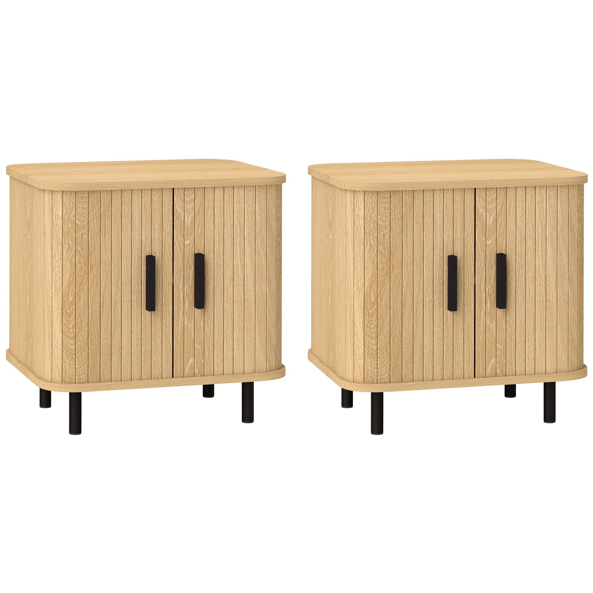 Set 2 Noptiere în stil Nordic cu Raft pe 2 Niveluri și Ușă Culisantă pentru Dormitor, 48x40x48 cm, Lemn Natural