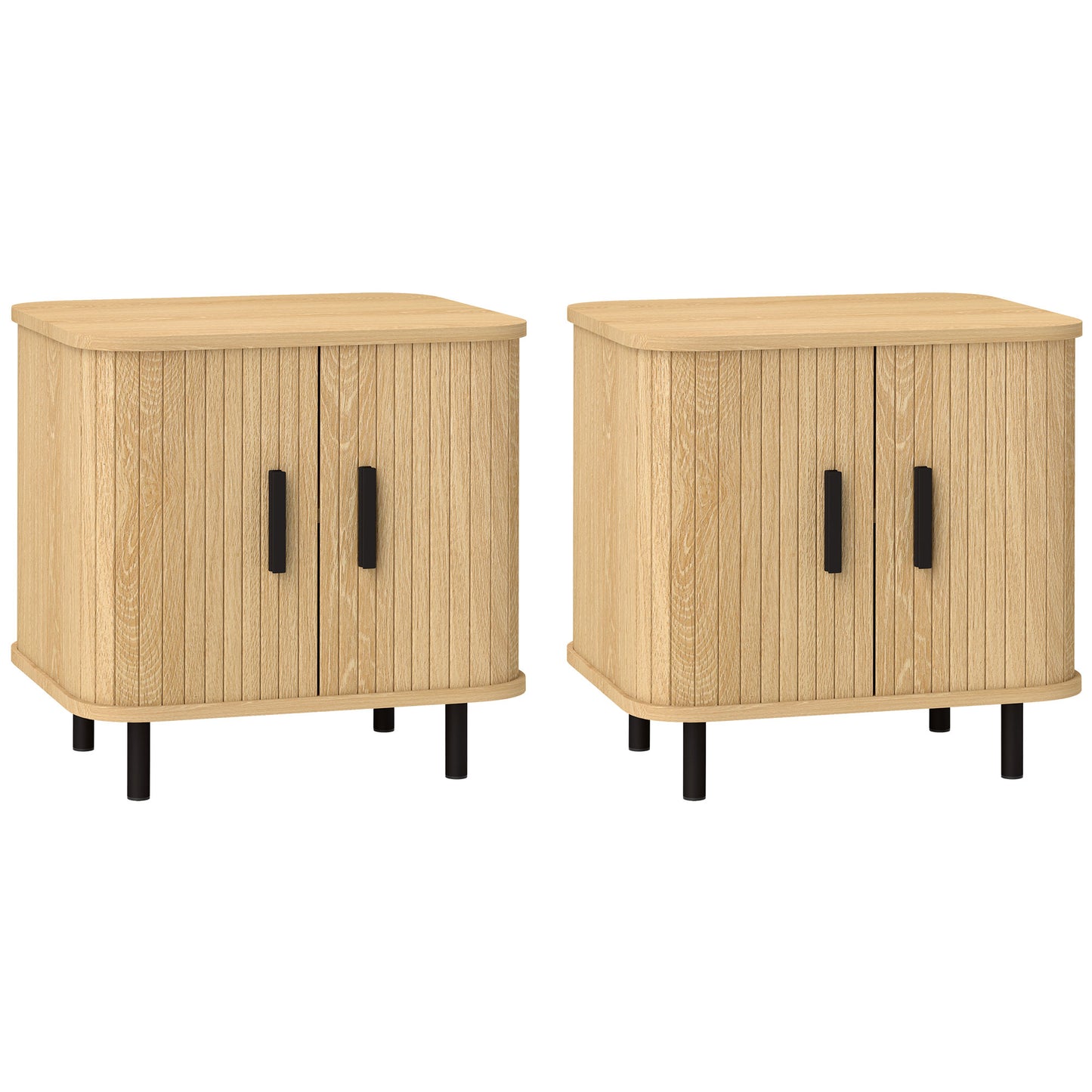 Set 2 Noptiere în stil Nordic cu Raft pe 2 Niveluri și Ușă Culisantă pentru Dormitor, 48x40x48 cm, Lemn Natural
