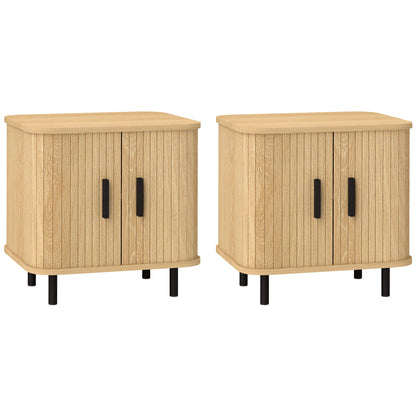 Set 2 Noptiere în stil Nordic cu Raft pe 2 Niveluri și Ușă Culisantă pentru Dormitor, 48x40x48 cm, Lemn Natural