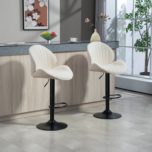 Set 2 Scaune de Bar tip Scoică cu Suport pentru Picioare, din Material Textil cu Efect de Catifea, 48x50x94-115 cm, Negru și Bej