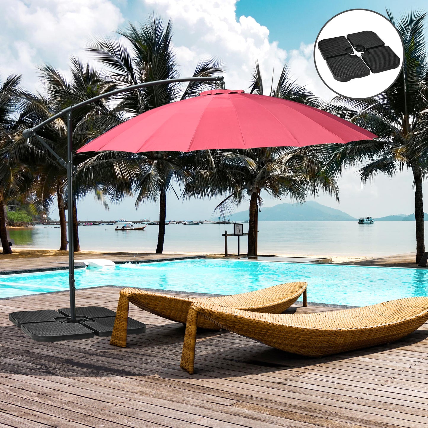 Bază  pentru Umbrelă Set 4 Bucăți Stivuibile cu Mânere Integrate, în HDPE, 100x100x8 cm, Negru