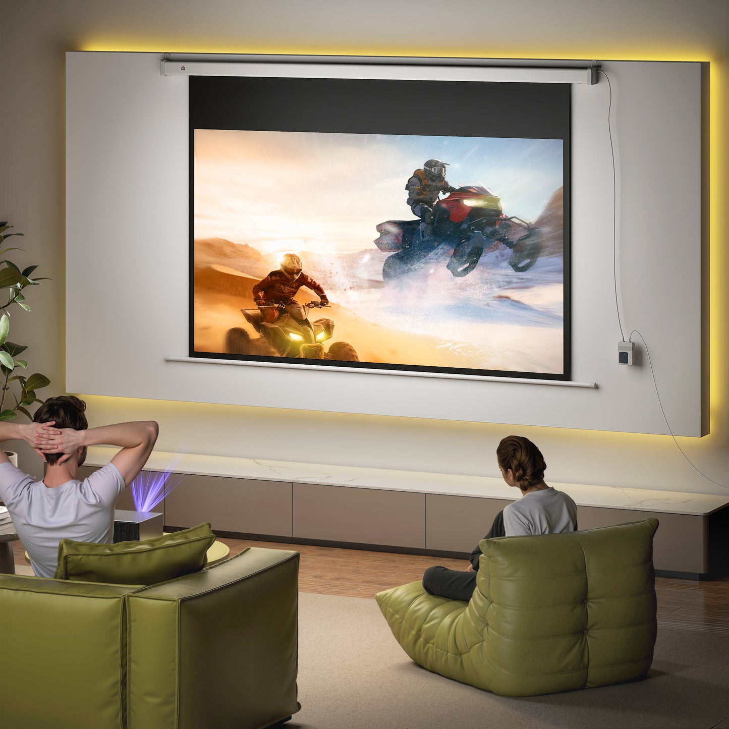Ecran pentru Proiector 84 Inch cu Telecomandă, din PVC și Metal, 212x8x150 cm, Alb