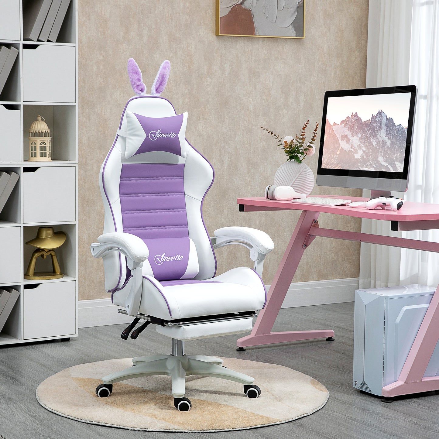 Scaun Gaming cu Urechi de Iepuraș, Suport pentru Picioare, Perne, Reglabil și Reclinabil, Mov