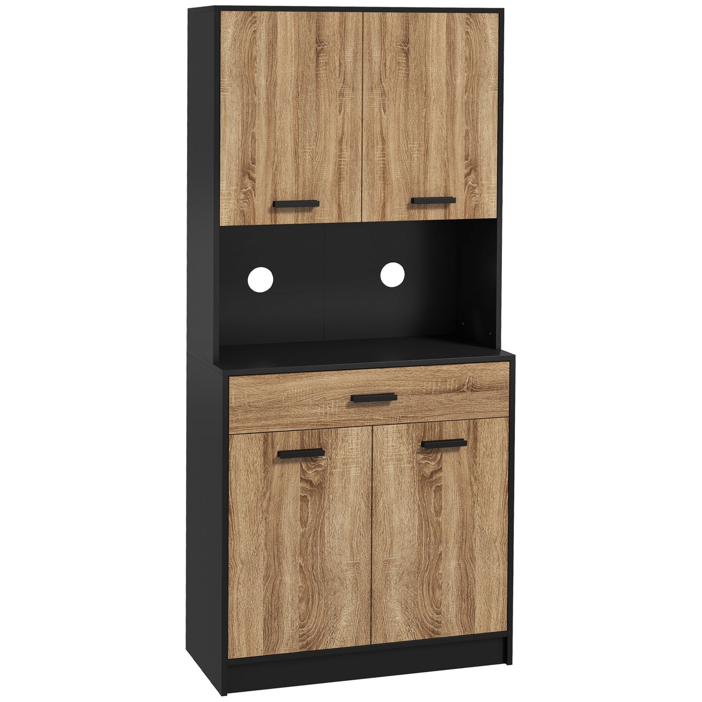 Bufet de Bucătărie din Lemn cu 2 Dulapuri cu Uși Duble și Sertar, 80x40x180 cm, Negru și culoare Lemn
