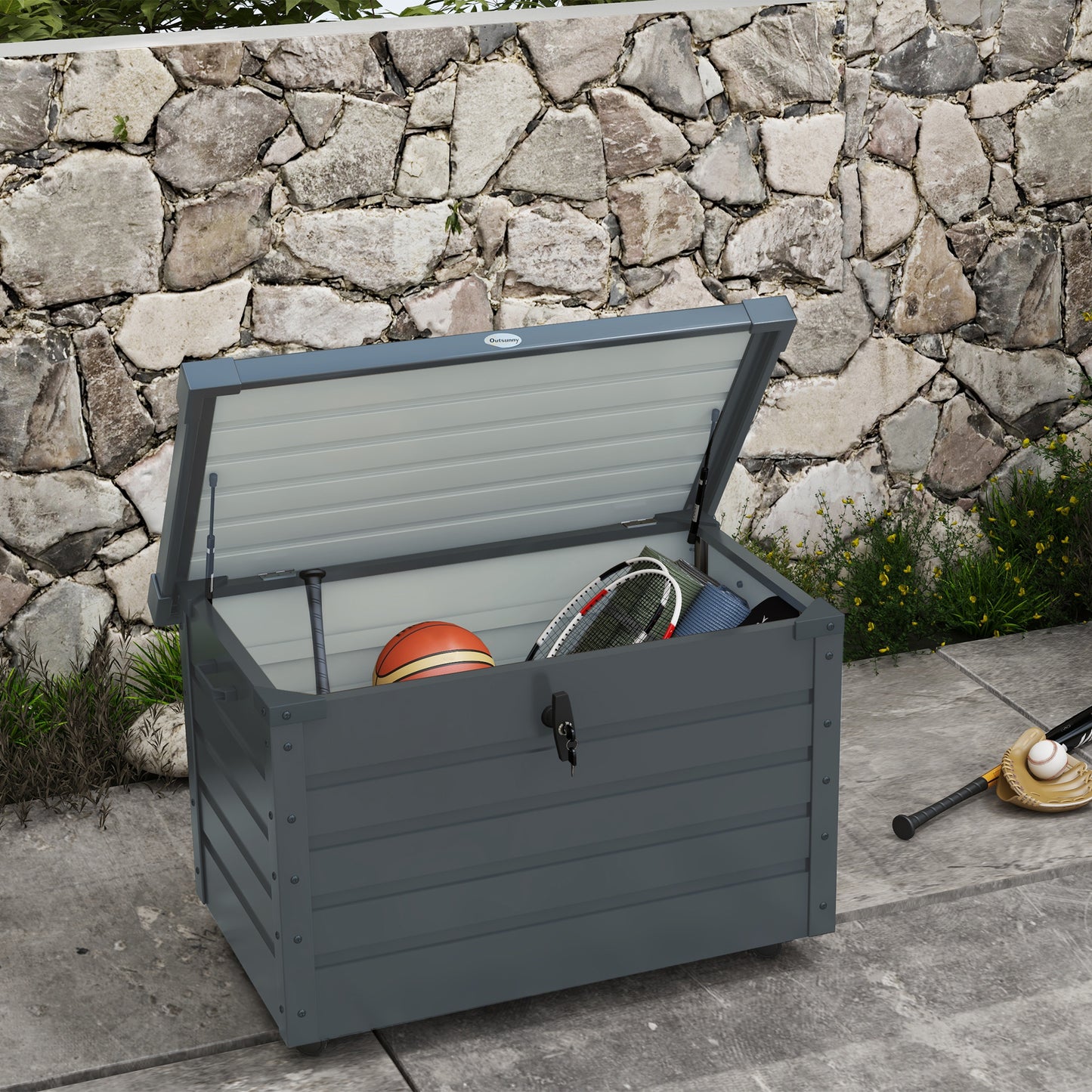 Ladă de Exterior de 295L cu Încuietoare și 2 Mânere, din Oțel Galvanizat, 120x62x66 cm, Gri Închis