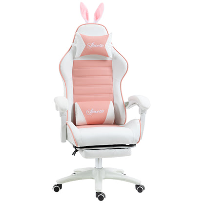 Scaun de Gaming Ergonomic cu Urechi de Iepure și Suport pentru Picioare Extensibil, 65x63x136-142 cm, Roz