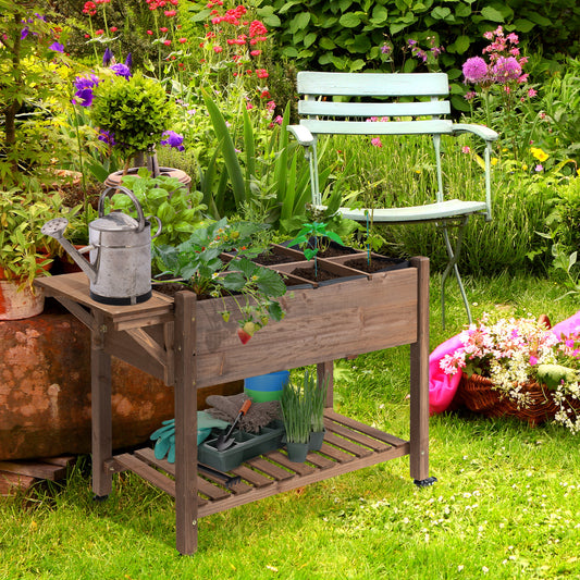 Raised Garden Bed Planter Box w/ 8 Grow Grids, Storage Shelf & Lockable Wheels