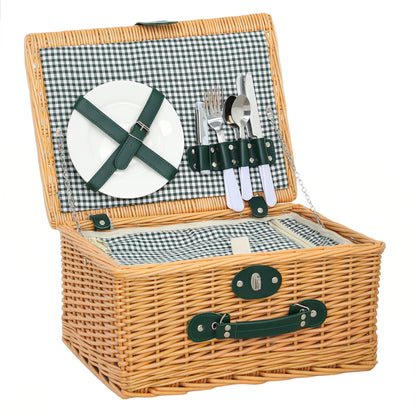 Coș de Picnic din Răchită pentru 2 Persoane cu Zonă Frigorifică și Veselă, 40x30x20 cm, Maro Deschis
