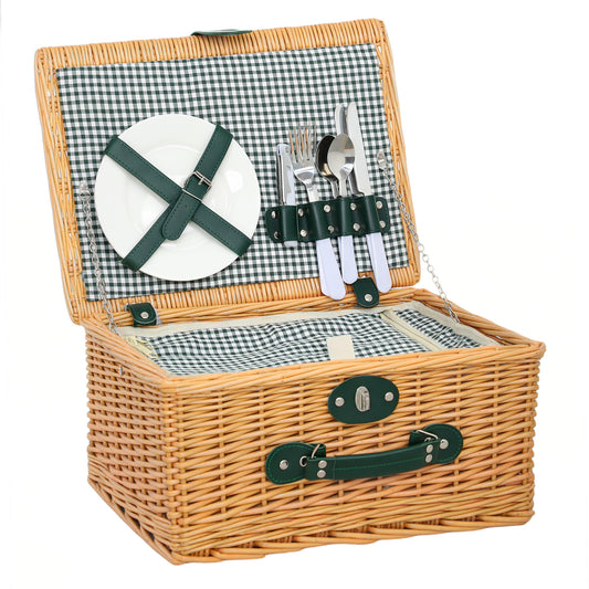 Coș de Picnic din Răchită pentru 2 Persoane cu Zonă Frigorifică și Veselă, 40x30x20 cm, Maro Deschis