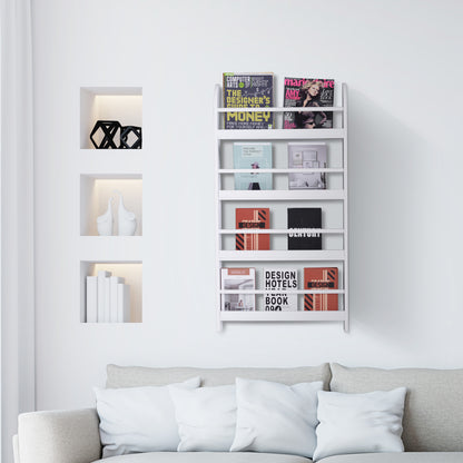 Etajeră de Perete cu 4 Rafturi, Librărie Suspendată din Lemn pentru Cărți, Raft Organizator Subțire, Alb, 59x12x113cm