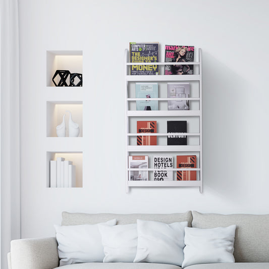 Etajeră de Perete cu 4 Rafturi, Librărie Suspendată din Lemn pentru Cărți, Raft Organizator Subțire, Alb, 59x12x113cm