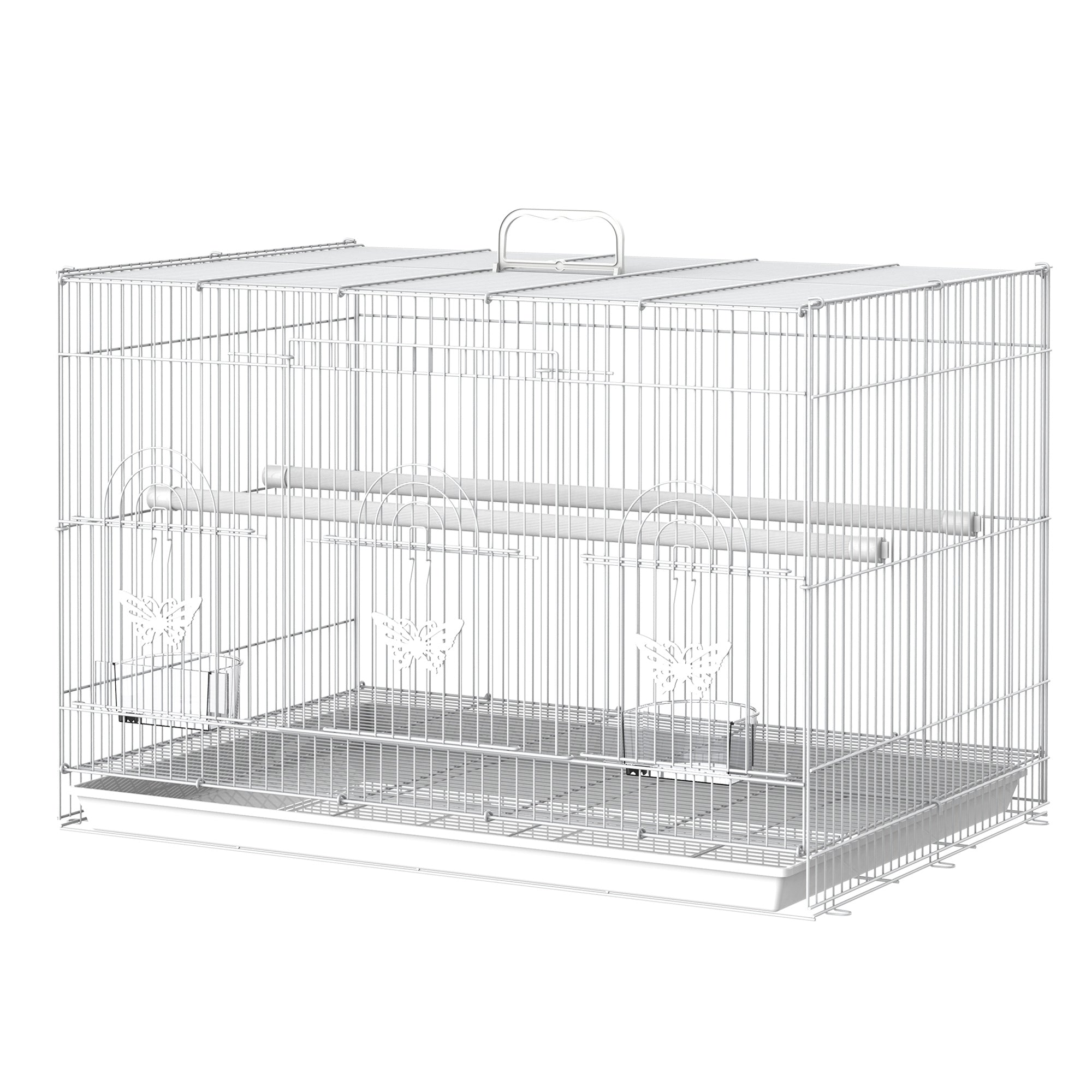 Colivie pentru Pasari din Metal cu Stinghii, Boluri pentru Mancare si Maner, 60x41x41cm, Alb