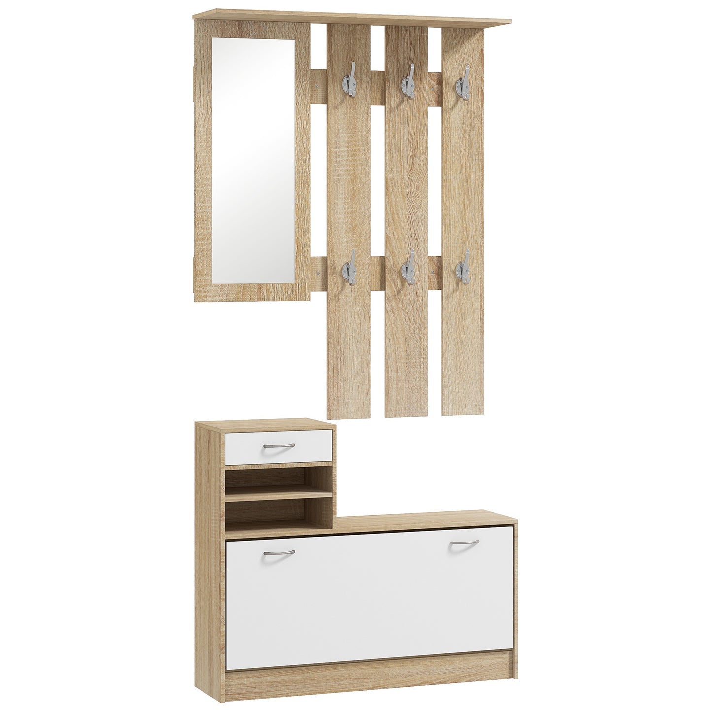 Set de Mobilier pentru Hol cu Raft pentru Pantofi, Oglindă și 2 rafturi Reglabile, 90x24x177 cm, Lemn Natural