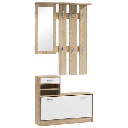Set de Mobilier pentru Hol cu Raft pentru Pantofi, Oglindă și 2 rafturi Reglabile, 90x24x177 cm, Lemn Natural