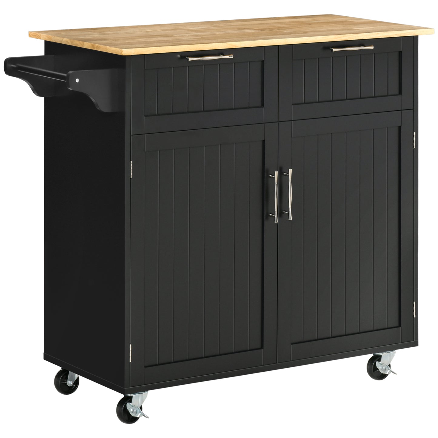 Carucior de bucatarie multifunctional din lemn cu 2 sertare, dulapior si 4 roti, 104x46x91cm, negru