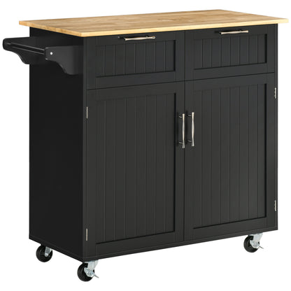 Carucior de bucatarie multifunctional din lemn cu 2 sertare, dulapior si 4 roti, 104x46x91cm, negru