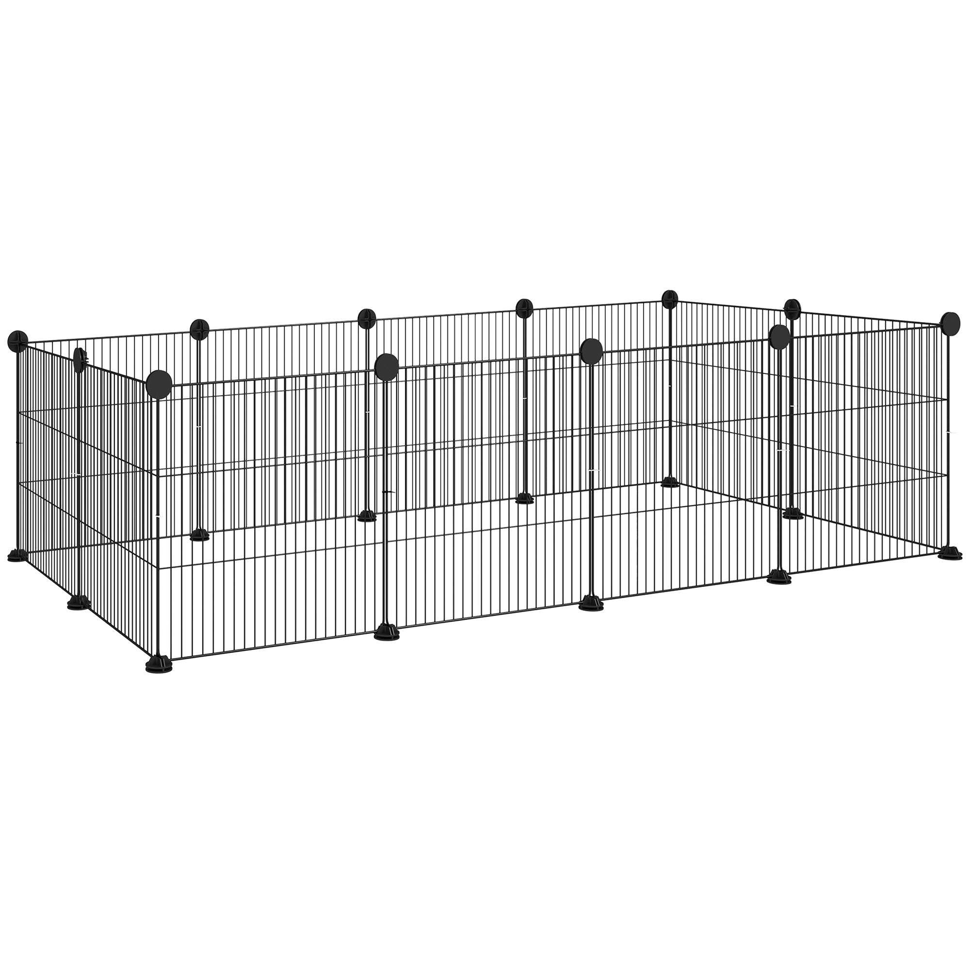 Țarc modular pentru animale cu 12 panouri de 35x35 cm și margini rotunjite, din metal și ABS, 140x70x35 cm, negru