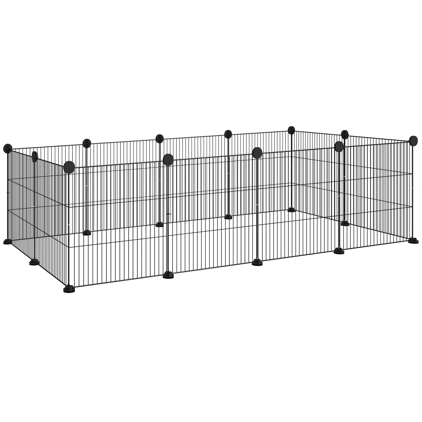 Țarc modular pentru animale cu 12 panouri de 35x35 cm și margini rotunjite, din metal și ABS, 140x70x35 cm, negru