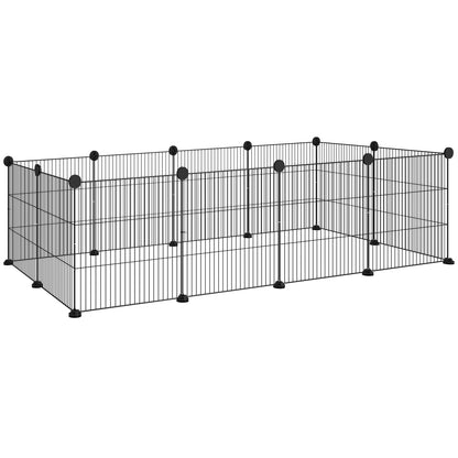 Țarc modular pentru animale cu 12 panouri de 35x35 cm și margini rotunjite, din metal și ABS, 140x70x35 cm, negru