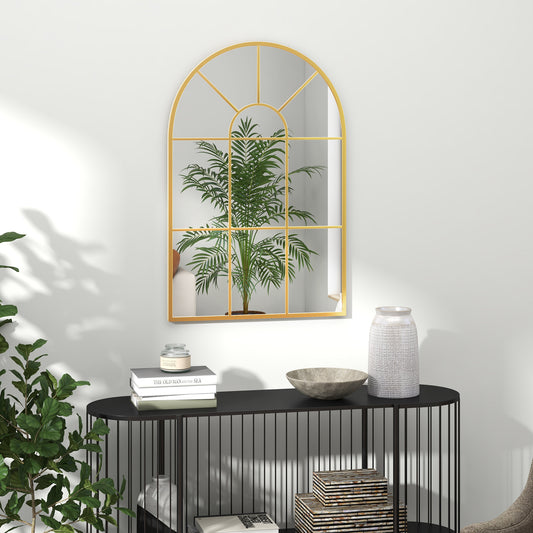Oglindă de Perete Modernă în Formă de Arc cu Ramă și Cârlige, pentru Sufragerie și Hol, 91x60 cm, Auriu