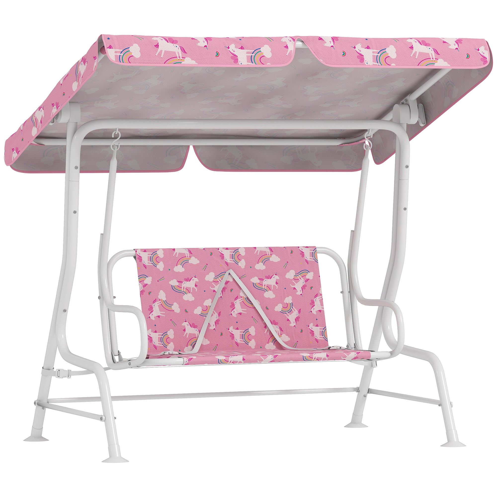 Leagăn pentru Copii de Exterior cu 2 Locuri, Acoperiș Reglabil și Centuri de Siguranță, Leagăn Grădină și Interior din Oțel și Material Oxford, Max 60 kg, 112x75x120 cm, Roz