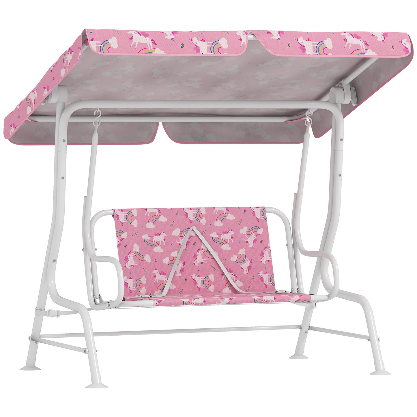 Leagăn pentru Copii de Exterior cu 2 Locuri, Acoperiș Reglabil și Centuri de Siguranță, Leagăn Grădină și Interior din Oțel și Material Oxford, Max 60 kg, 112x75x120 cm, Roz