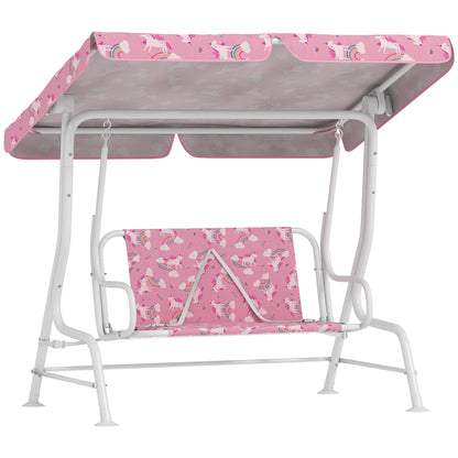 Leagăn pentru Copii de Exterior cu 2 Locuri, Acoperiș Reglabil și Centuri de Siguranță, Leagăn Grădină și Interior din Oțel și Material Oxford, Max 60 kg, 112x75x120 cm, Roz