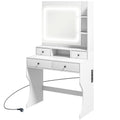 Masă de Toaletă cu Lumini LED în 3 Tonuri și Oglindă, Porturi USB, 4 Sertare și Rafturi, 90x45x160cm, Alb
