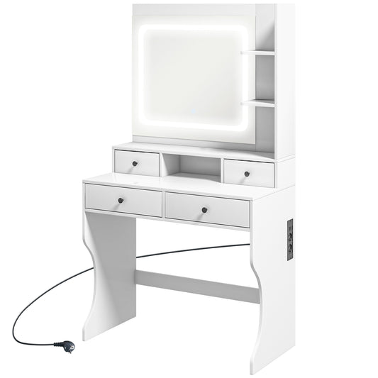 Masă de Toaletă cu Lumini LED în 3 Tonuri și Oglindă, Porturi USB, 4 Sertare și Rafturi, 90x45x160cm, Alb