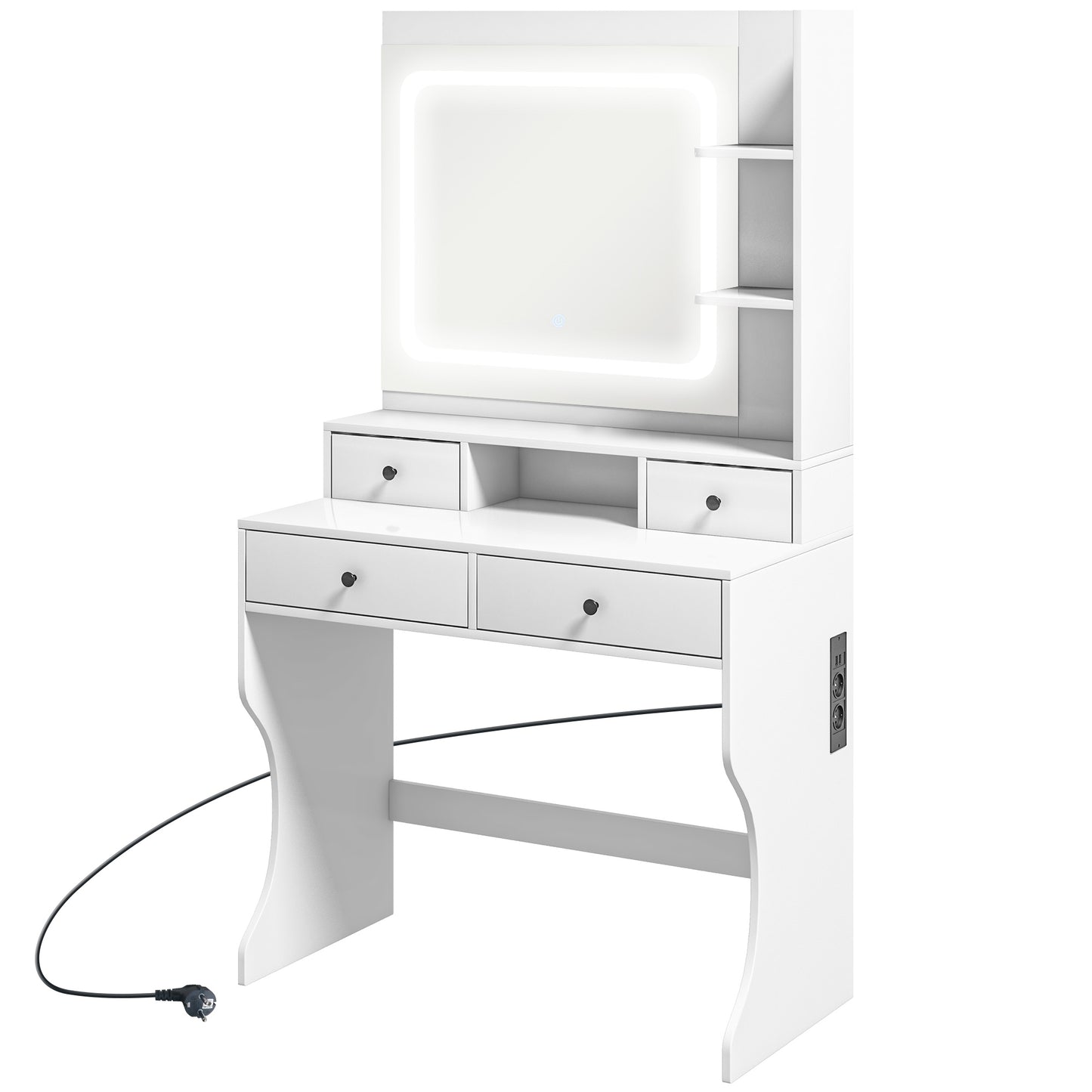 Masă de Toaletă cu Lumini LED în 3 Tonuri și Oglindă, Porturi USB, 4 Sertare și Rafturi, 90x45x160cm, Alb