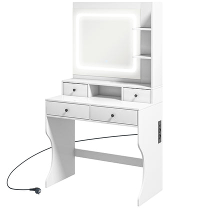 Masă de Toaletă cu Lumini LED în 3 Tonuri și Oglindă, Porturi USB, 4 Sertare și Rafturi, 90x45x160cm, Alb