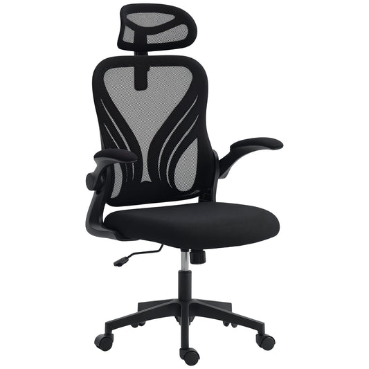 Scaun de Birou Ergonomic cu Brațe Rabatabile, Suport Lombar și Tetieră Reglabilă, Negru
