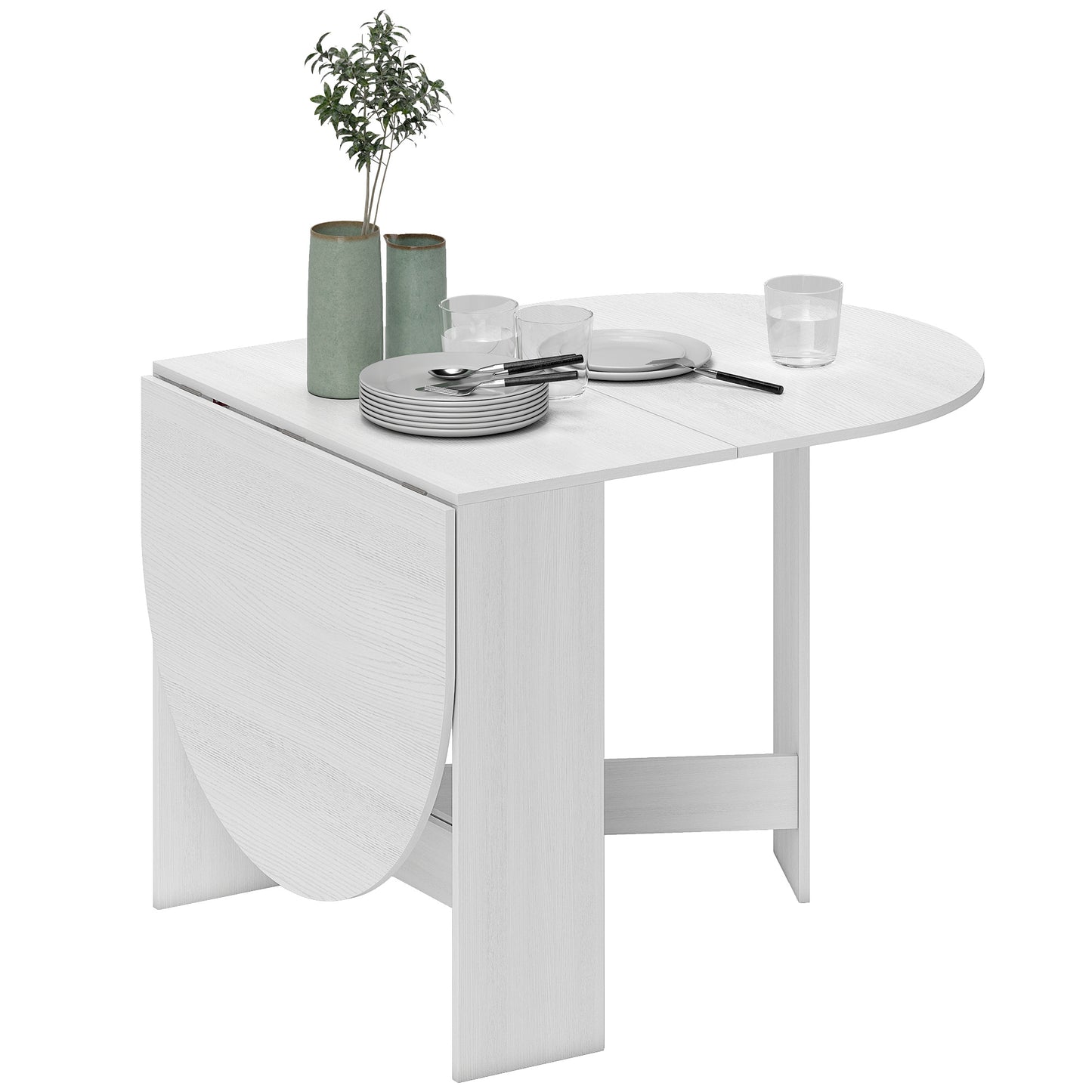 Masă Pliabilă pentru 6 Persoane cu 2 Extensii Ovale din Lemn, 163x80x75 cm, Alb