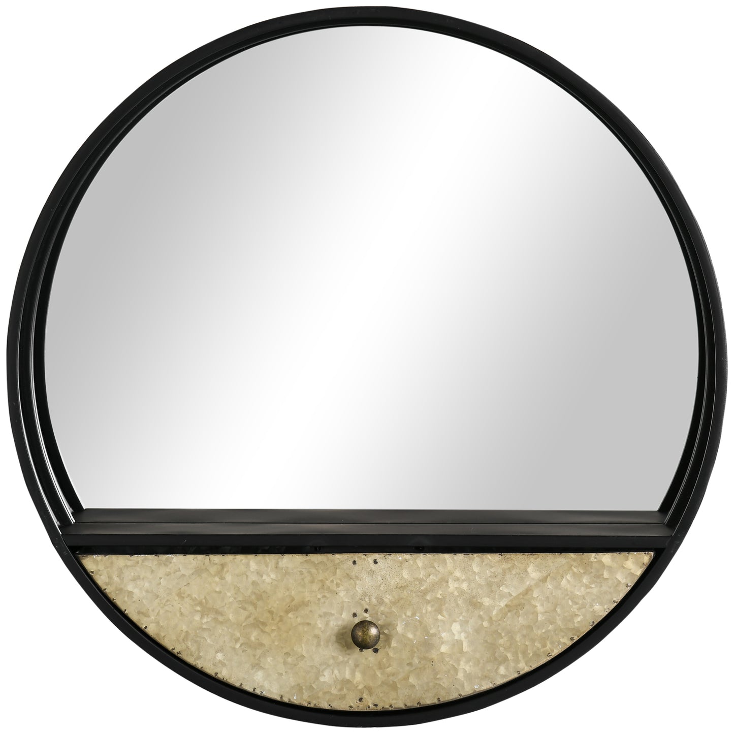 Oglinda de perete rotunda Ø61cm, oglinda decorativa cu sertar si cadru din metal si MDF, negru