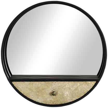 Oglinda de perete rotunda Ø61cm, oglinda decorativa cu sertar si cadru din metal si MDF, negru