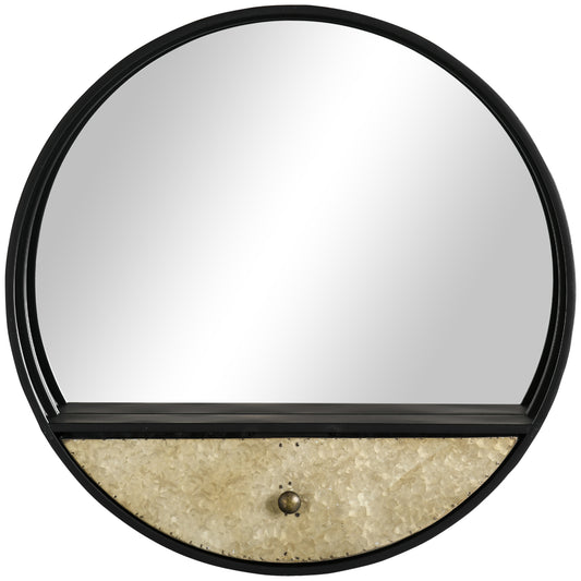 Oglinda de perete rotunda Ø61cm, oglinda decorativa cu sertar si cadru din metal si MDF, negru
