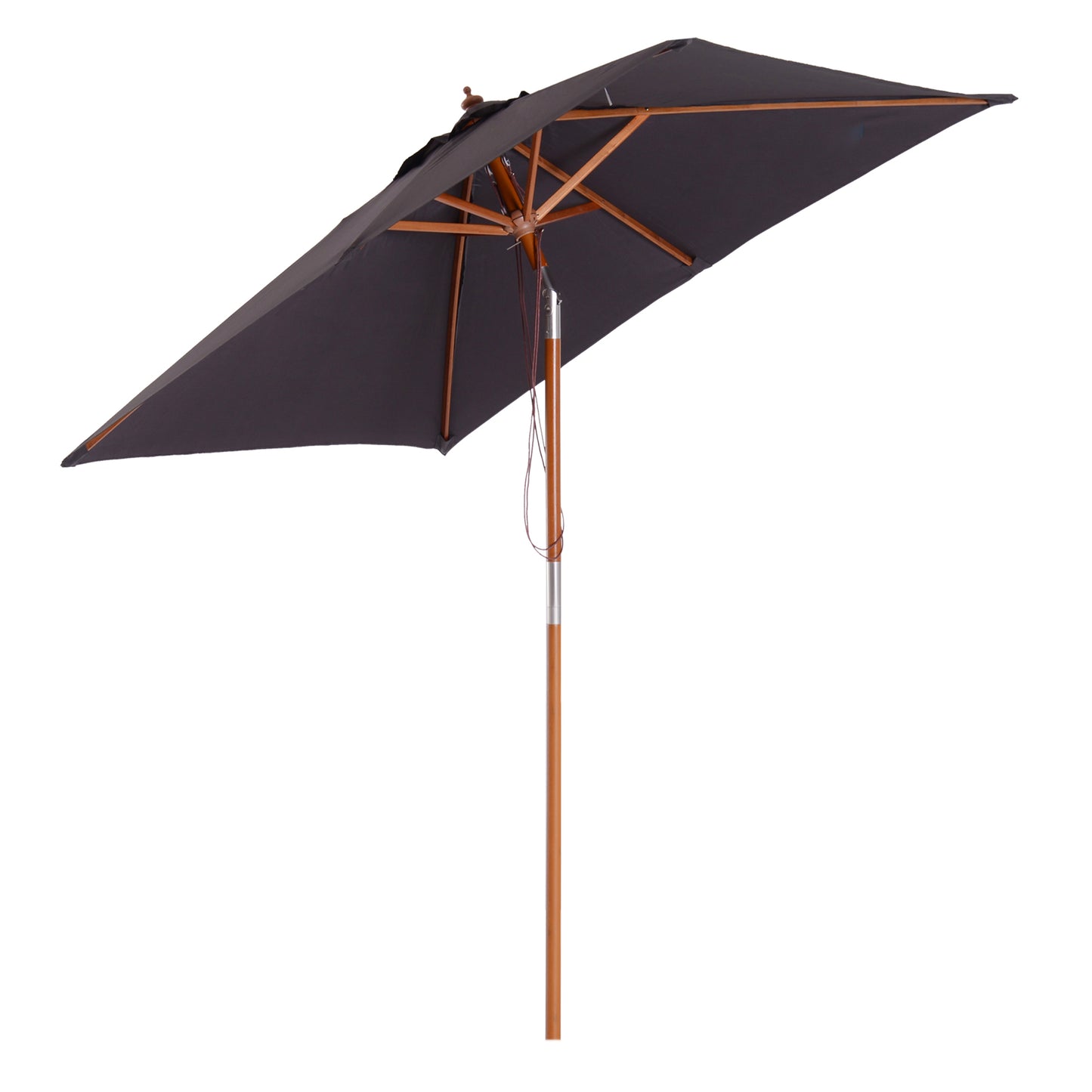Umbrela de Gradina Rabatabila  2x1.5m, 6 Stinghii si Stalp din Lemn de Brad Deschidere cu Coarda, Gri Inchis