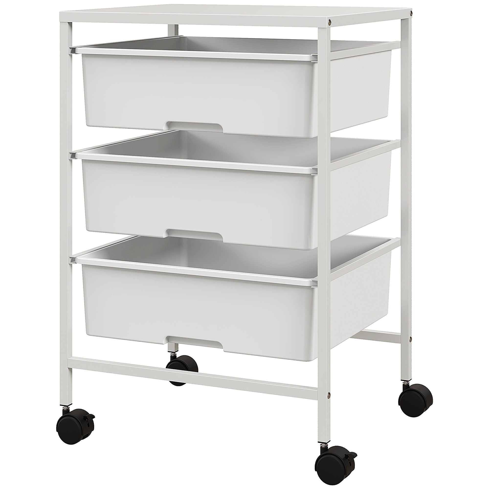 Cărucior Multifuncțional cu 3 Coșuri și Roți, Cărucior pentru Bucătărie și Birou din Oțel și Plastic, 40.8x33.5x60.5 cm, Alb