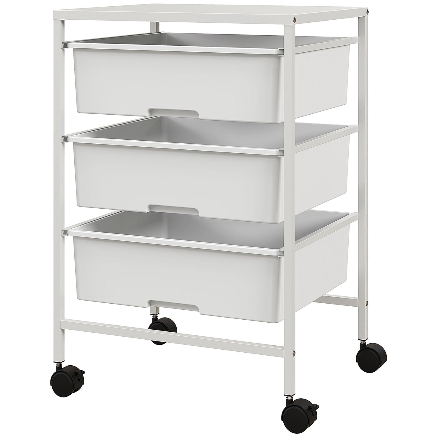 Cărucior Multifuncțional cu 3 Coșuri și Roți, Cărucior pentru Bucătărie și Birou din Oțel și Plastic, 40.8x33.5x60.5 cm, Alb