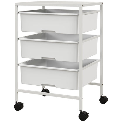 Cărucior Multifuncțional cu 3 Coșuri și Roți, Cărucior pentru Bucătărie și Birou din Oțel și Plastic, 40.8x33.5x60.5 cm, Alb