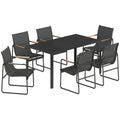 Set Masă și Scaune de Grădină 7 Piese, Set Prânz Exterior cu Masă din Sticlă Temperată, 6 Scaune din Texteline Respirabil, Cotiere Decorative, Structură din Oțel pentru Terasă Balcon, Negru