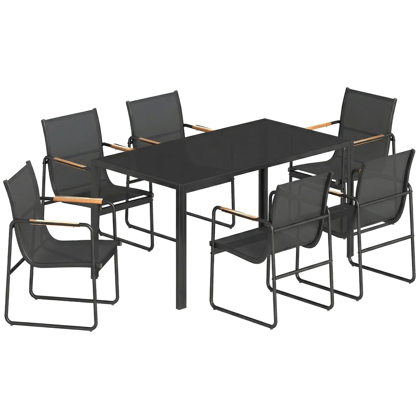 Set Masă și Scaune de Grădină 7 Piese, Set Prânz Exterior cu Masă din Sticlă Temperată, 6 Scaune din Texteline Respirabil, Cotiere Decorative, Structură din Oțel pentru Terasă Balcon, Negru