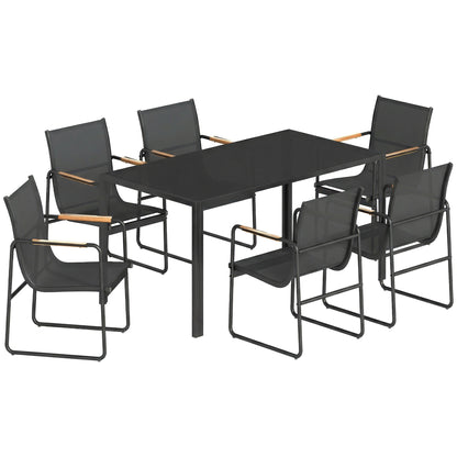 Set Masă și Scaune de Grădină 7 Piese, Set Prânz Exterior cu Masă din Sticlă Temperată, 6 Scaune din Texteline Respirabil, Cotiere Decorative, Structură din Oțel pentru Terasă Balcon, Negru