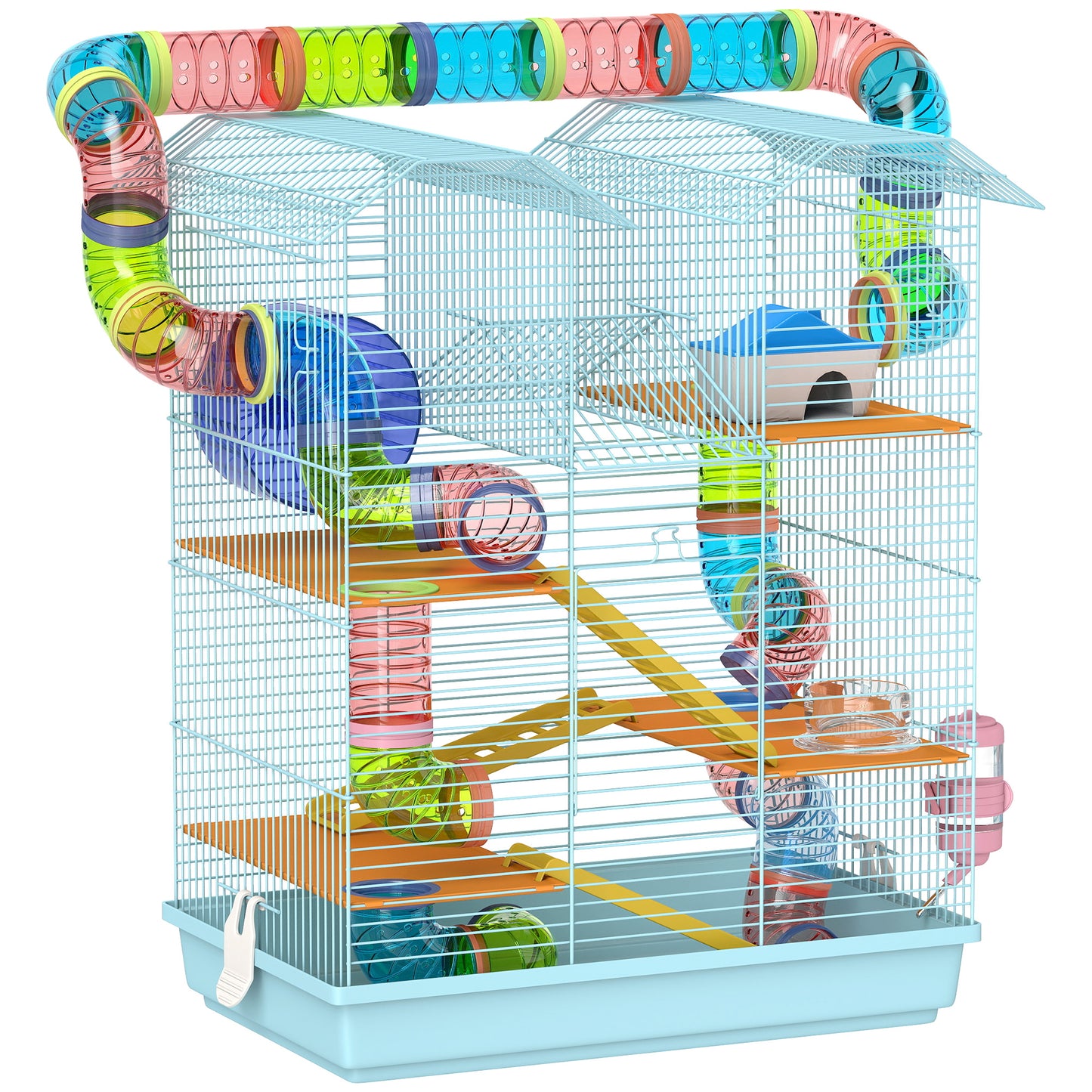 Gabbia per Criceti a 5 Piani con Tubi Colorati, Ruota, Casetta e Accessori, 47x30x59 cm, Azzurro