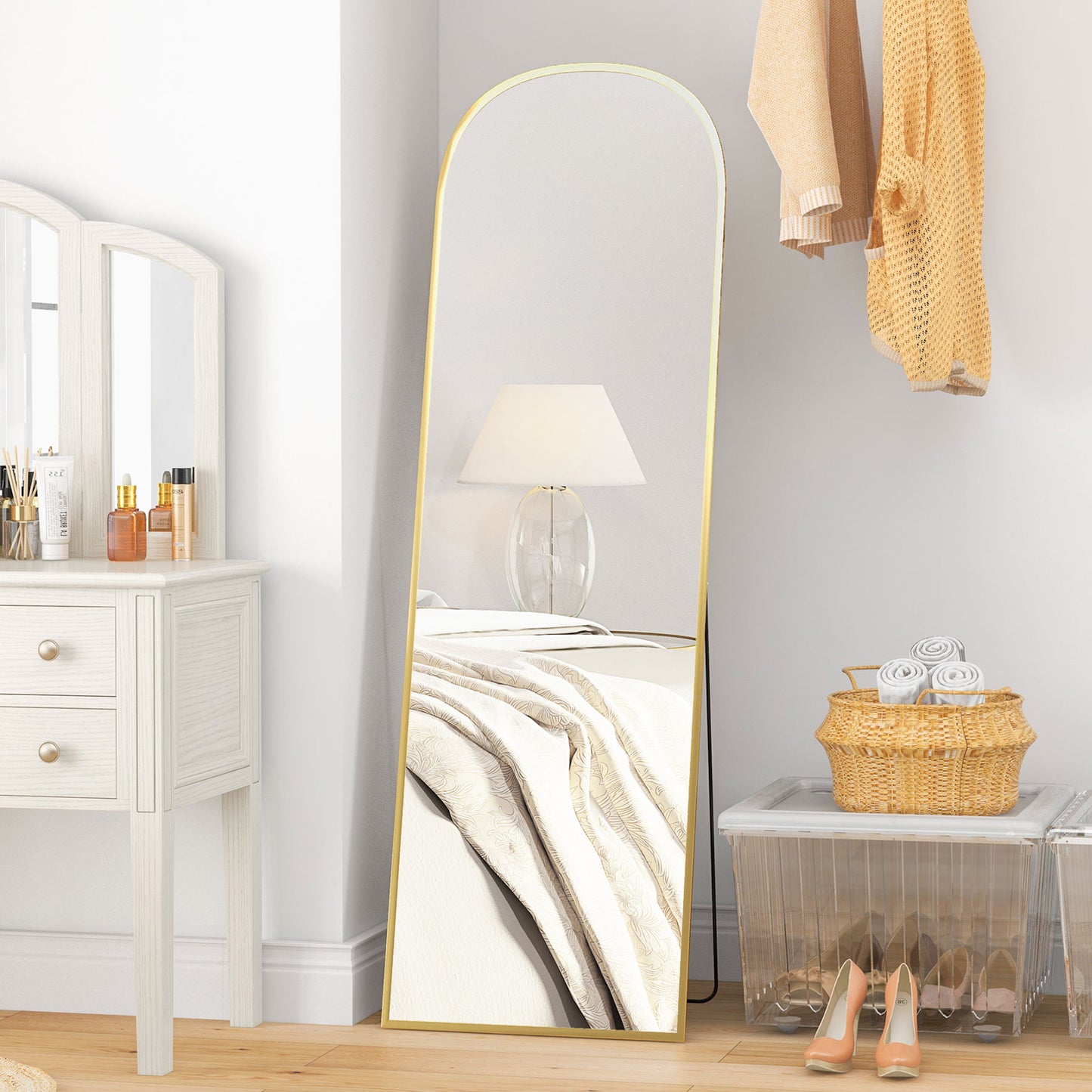 Oglindă de Podea și Perete Modernă din Aliaj de Aluminiu cu Suport Pliabil, 50x161.5 cm, Aur