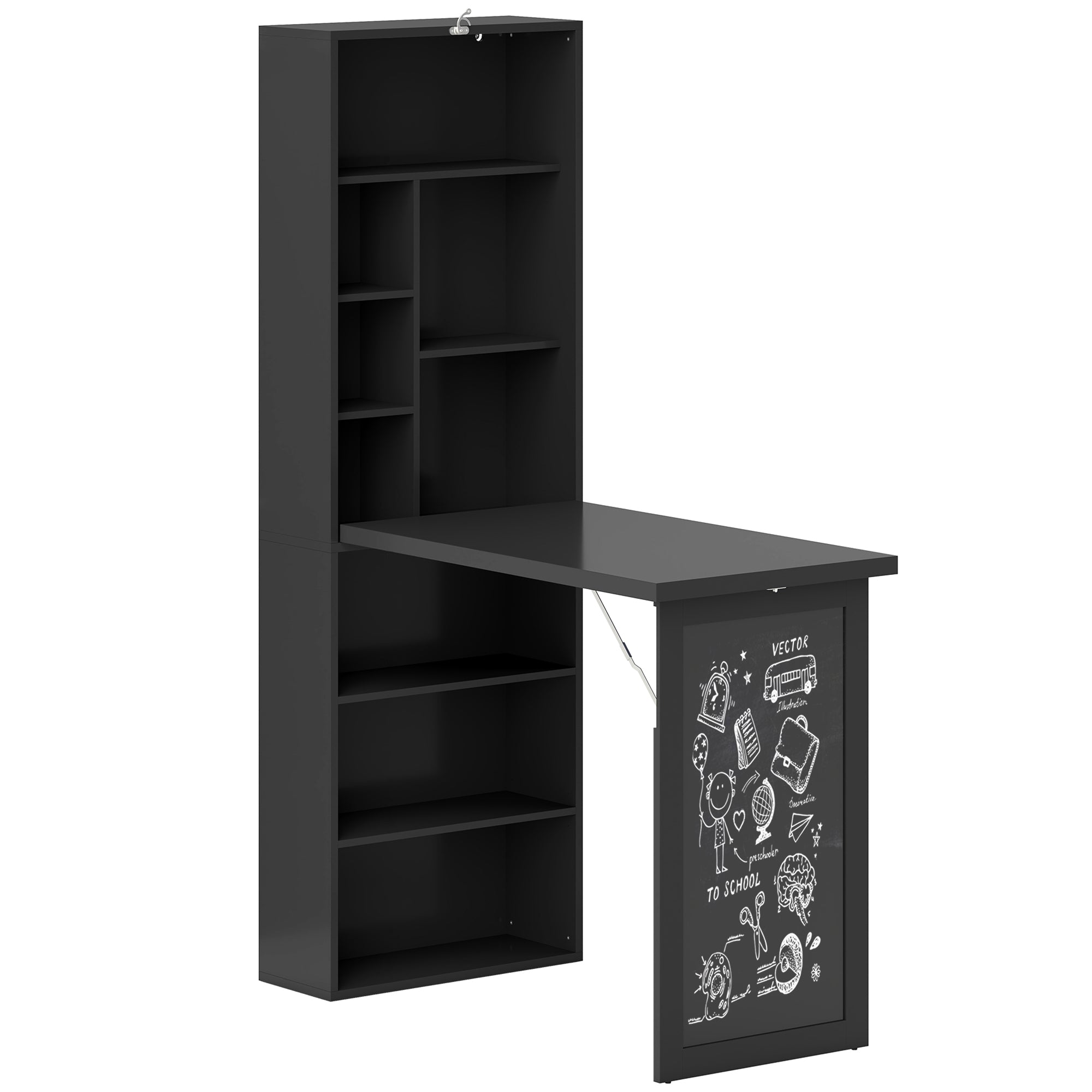 Birou Modern Pliabil cu Bibliotecă și Tablă, din Lemn și Metal, 98x51x153 cm, Negru