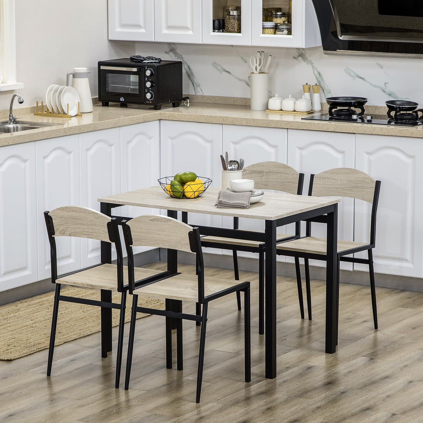 Set de masa din 5 Piese cu 1 masa dreptunghiulara 100x63x76.5 cm si 4 Scaune 45x40x82 cm, din otel si MDF, Negru si lemn natural