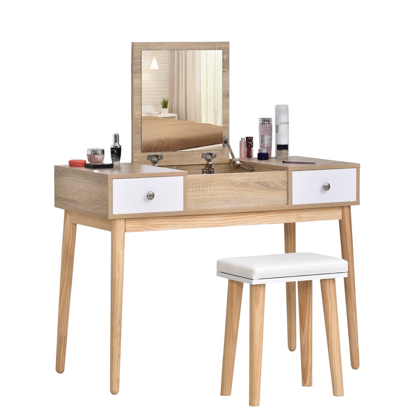 Set Masa Toaleta – Alb, Cu Oglinda Glisanta & Scaun Tapitat