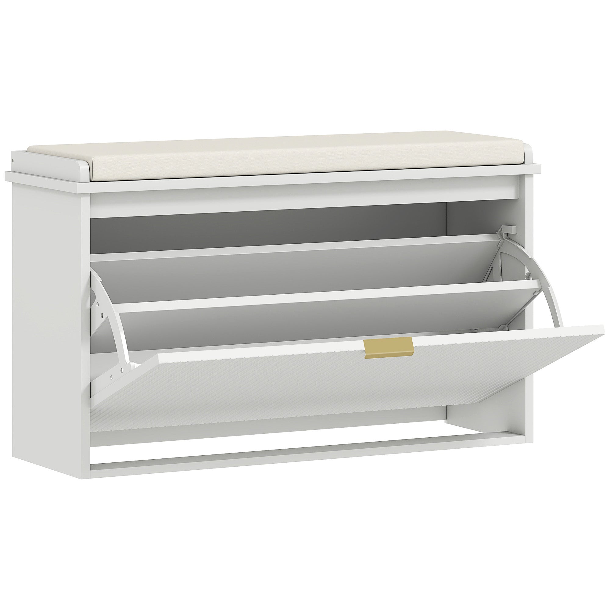 Bancă Scarpieră cu Raft Intern, din Lemn și Țesătură cu Efect de In, 80x26x47.5 cm, Alb și Bej